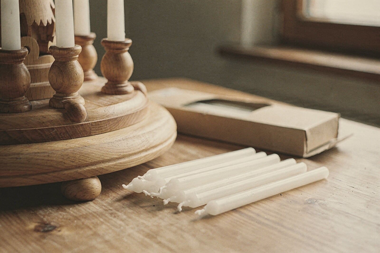 Thin white pyramid candles laid beside the turned candle holders of a Christmas pyramid.