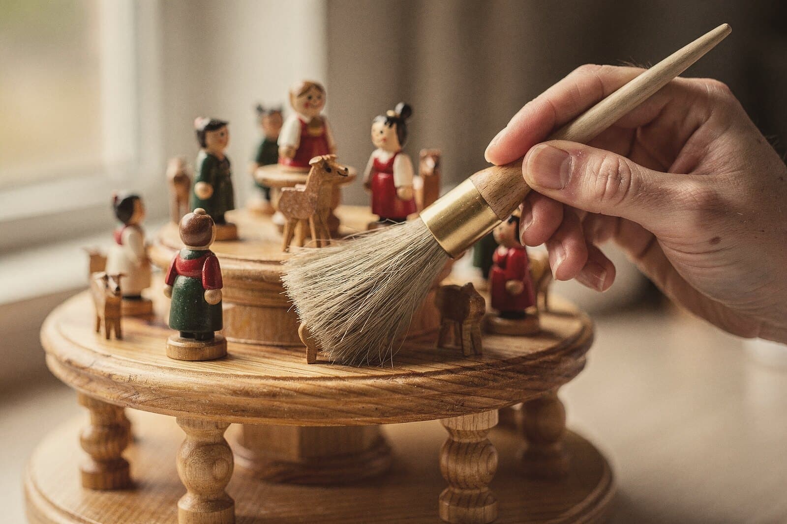 A soft brush dusts the small painted figures on a pyramid's tier.