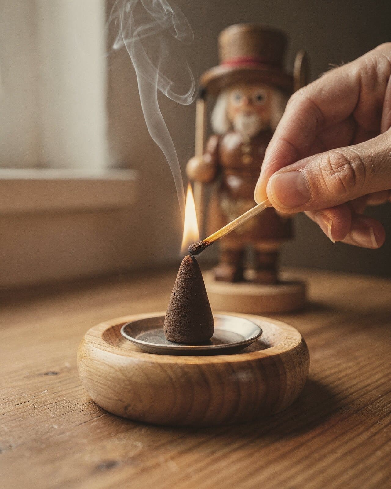 Fingers hold a lit match to the tip of an incense cone on a small metal plate in a turned wooden base.