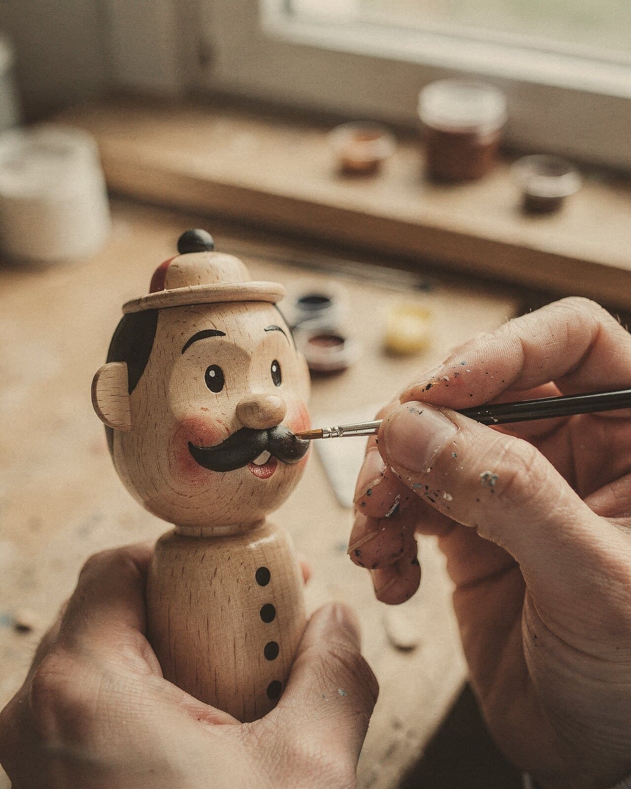A fine brush paints the eyes on the turned wooden face of a smoker with a black moustache and rosy cheeks.