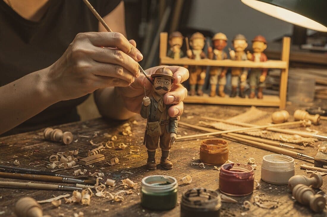A fine brush paints a small turned figure; a rack of finished figures and paint pots behind.