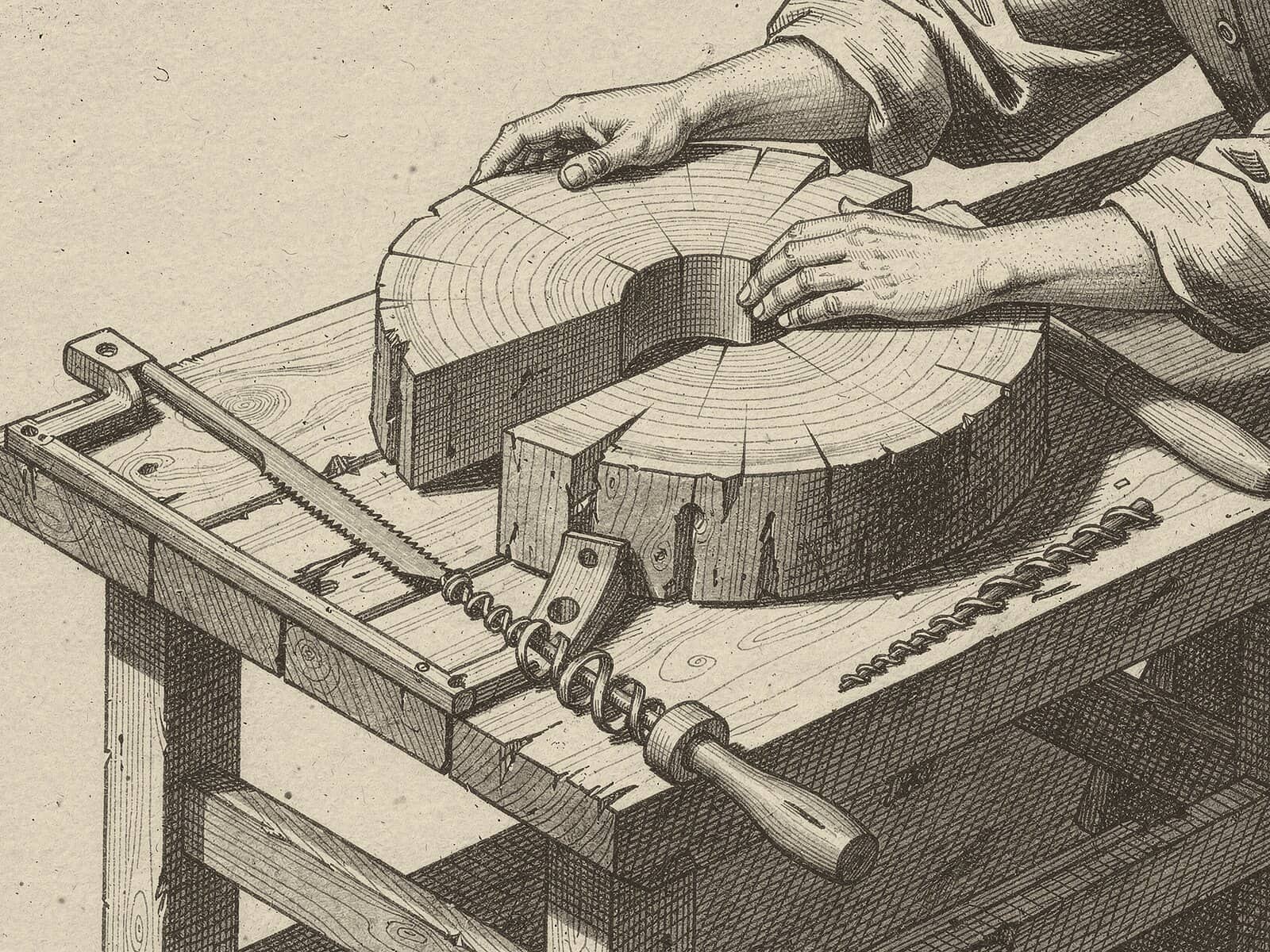 Engraving: a thick ring sawn across a spruce trunk, bored through the middle, lies on the bench beside a saw and an auger.