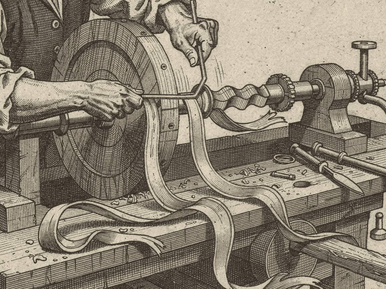 Engraving: the ring spins on a large lathe while two hands cut its hidden profile with a long hooked iron; ribbons of shavings fly off.