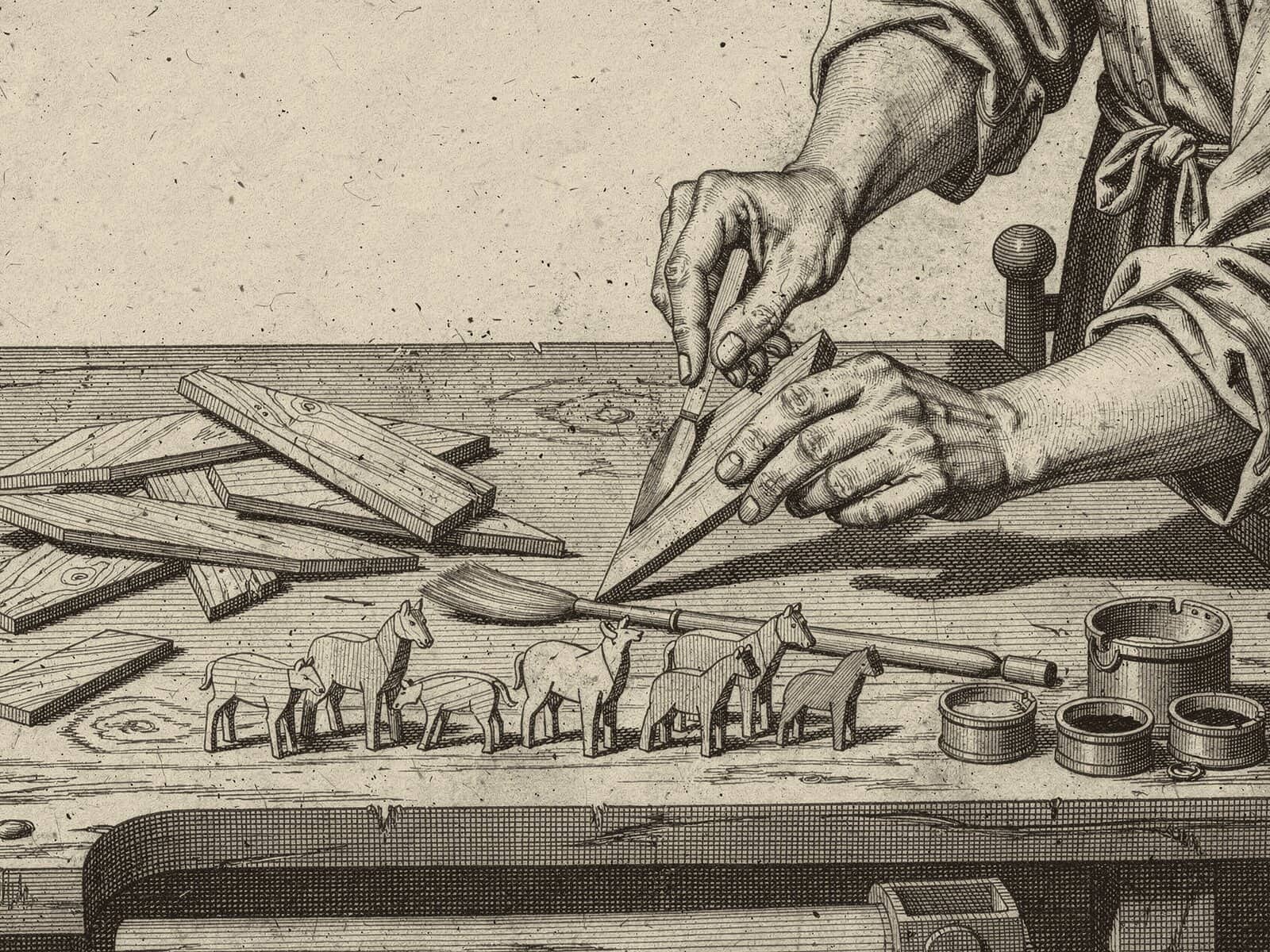 Engraving: hands trim a wedge-shaped slice into a horse; a row of finished little animals and paint pots stand on the bench.
