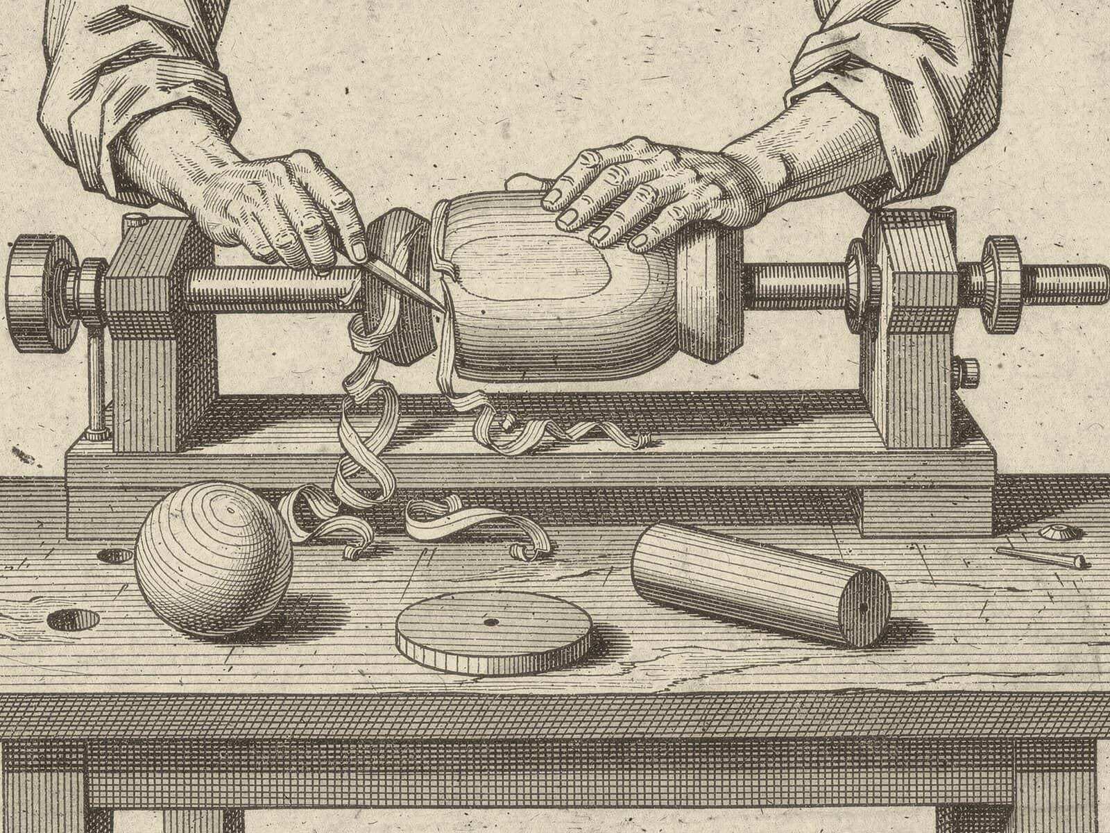 Engraving: a smoker's body takes shape on a small lathe; a turned ball for the head, a base disc and a cylinder lie ready.