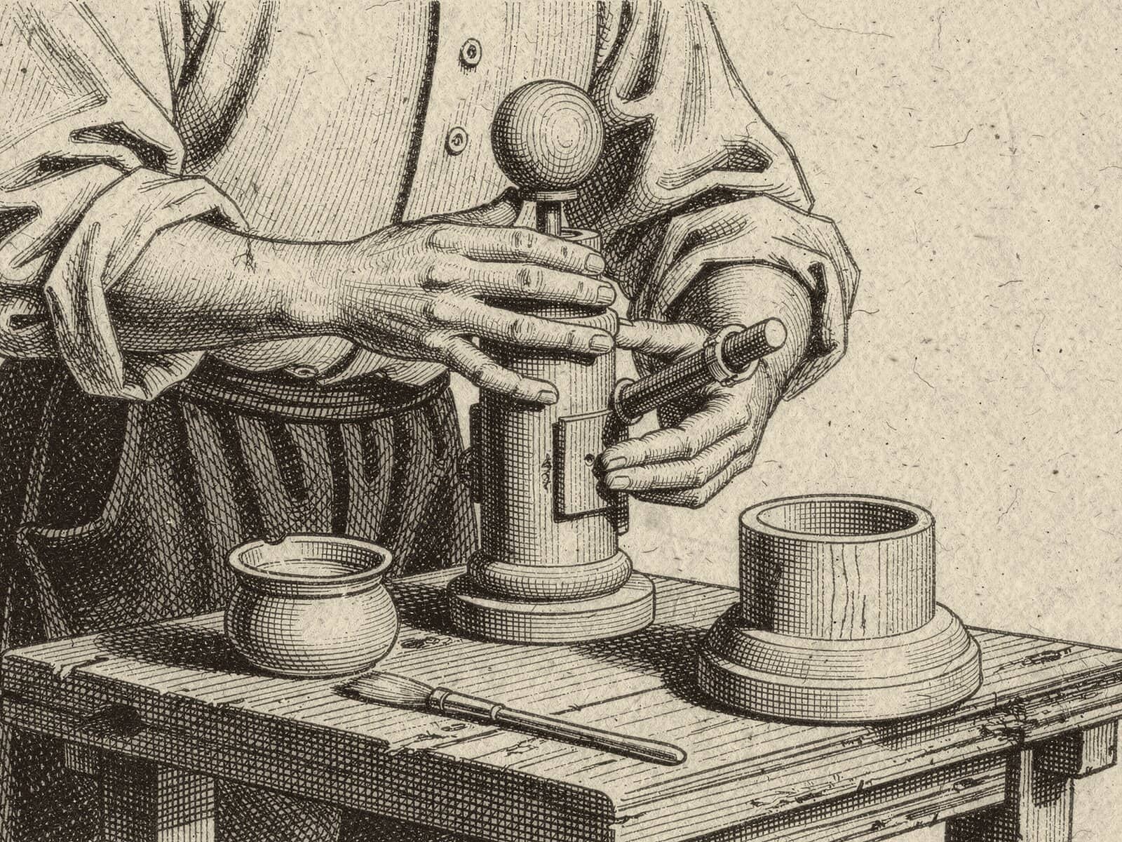 Engraving: hands fit the parts of a smoker together with glue; a glue pot and the hollow base stand beside.