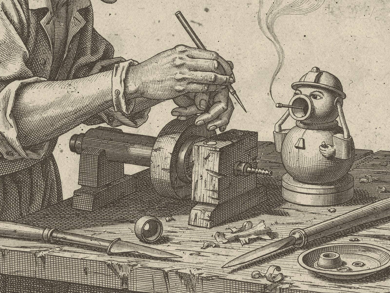 Engraving: a hand paints the finished figure with a fine brush while a completed smoker beside it puffs a thread of smoke.