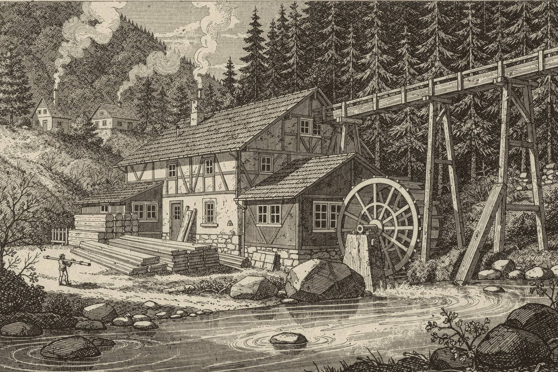 Engraving of a water-powered turning mill in a wooded valley: a half-timbered mill house, a wooden flume feeding the wheel, timber stacked by the stream.