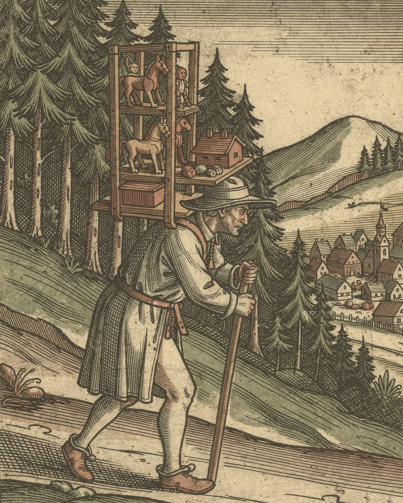 Hand-colored woodcut of a peddler climbing a mountain road, a tall frame on his back stacked with wooden horses, houses and boxes.
