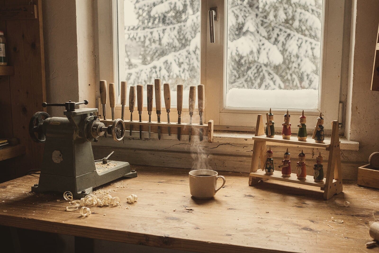 Eine kleine Werkstatt heute: Drehbank und Drechseleisen an der Hobelbank am Fenster, bemalte Figuren beim Trocknen, draußen Schnee.