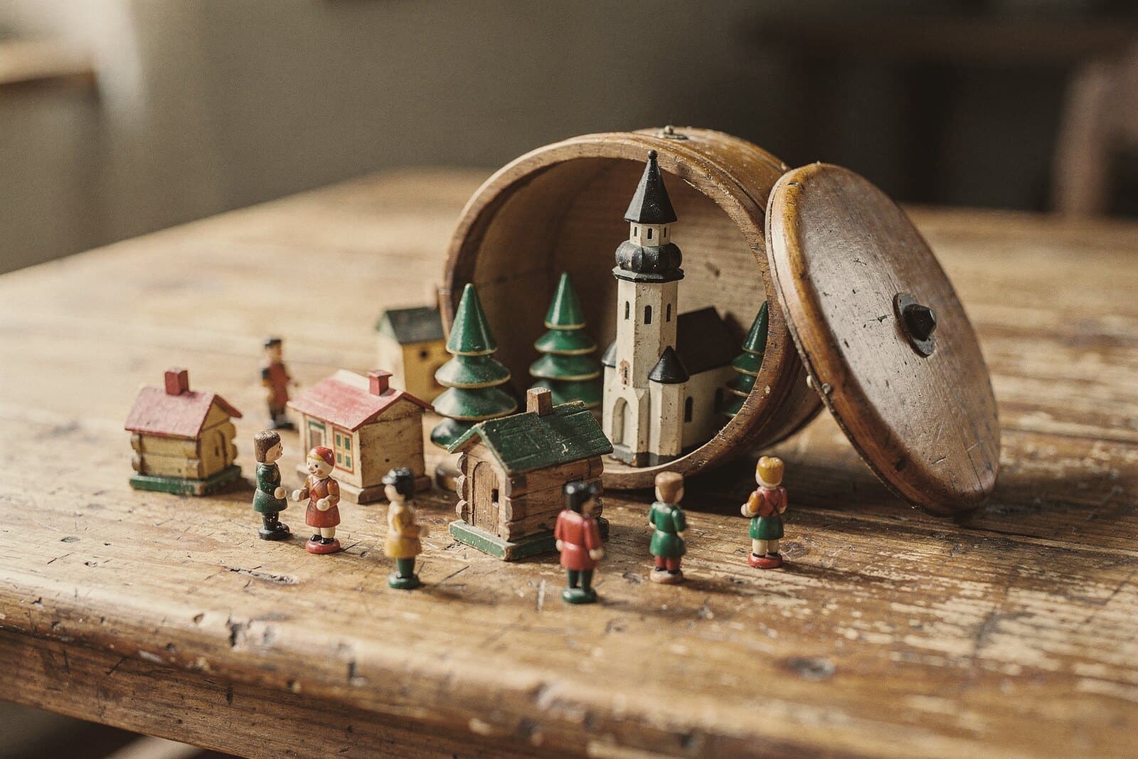 Alte Holzspielwaren aus einer ovalen Spanschachtel: winzige bemalte Häuser, Bäume, eine Kirche und gedrechselte Figürchen.