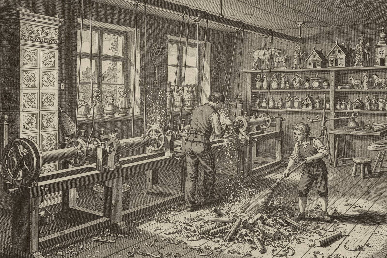 Engraving of a 19th-century turner's workshop: lathes driven by belts from a ceiling shaft, a turner at work, a boy sweeping shavings, toys on the shelves.