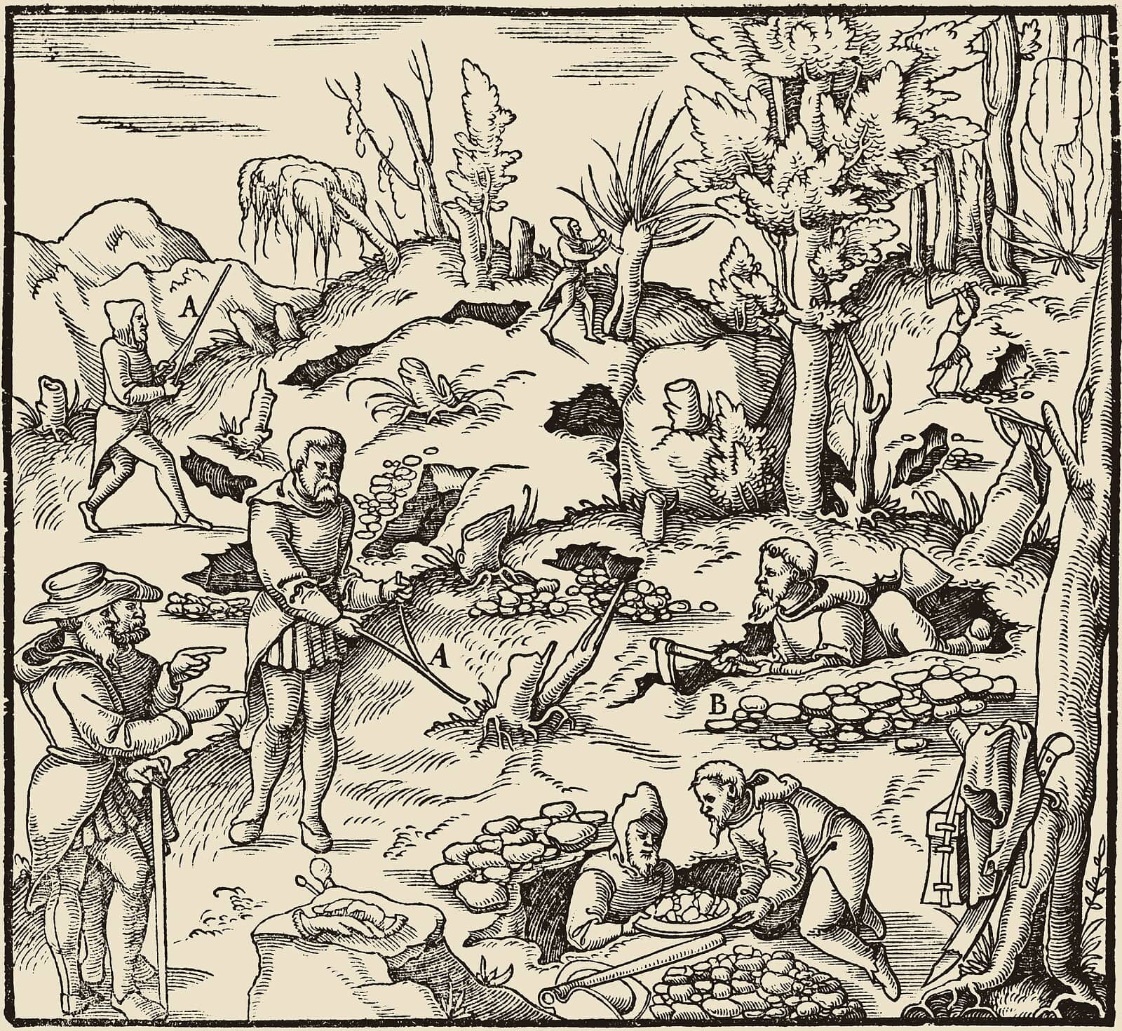 Woodcut from Agricola's De re metallica: prospectors search a wooded hillside for veins, one with a forked divining rod, others digging trial pits.