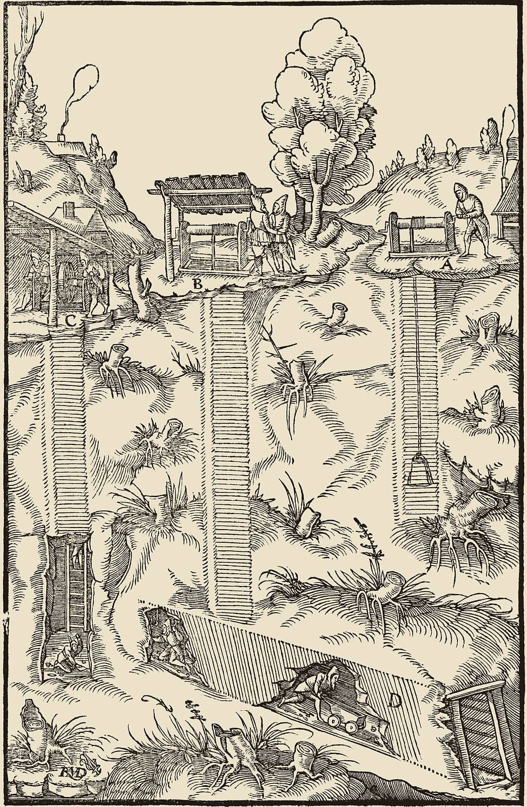 Woodcut from Agricola's De re metallica: three shafts sunk into a hillside, each with a windlass house, joined below by a gallery.