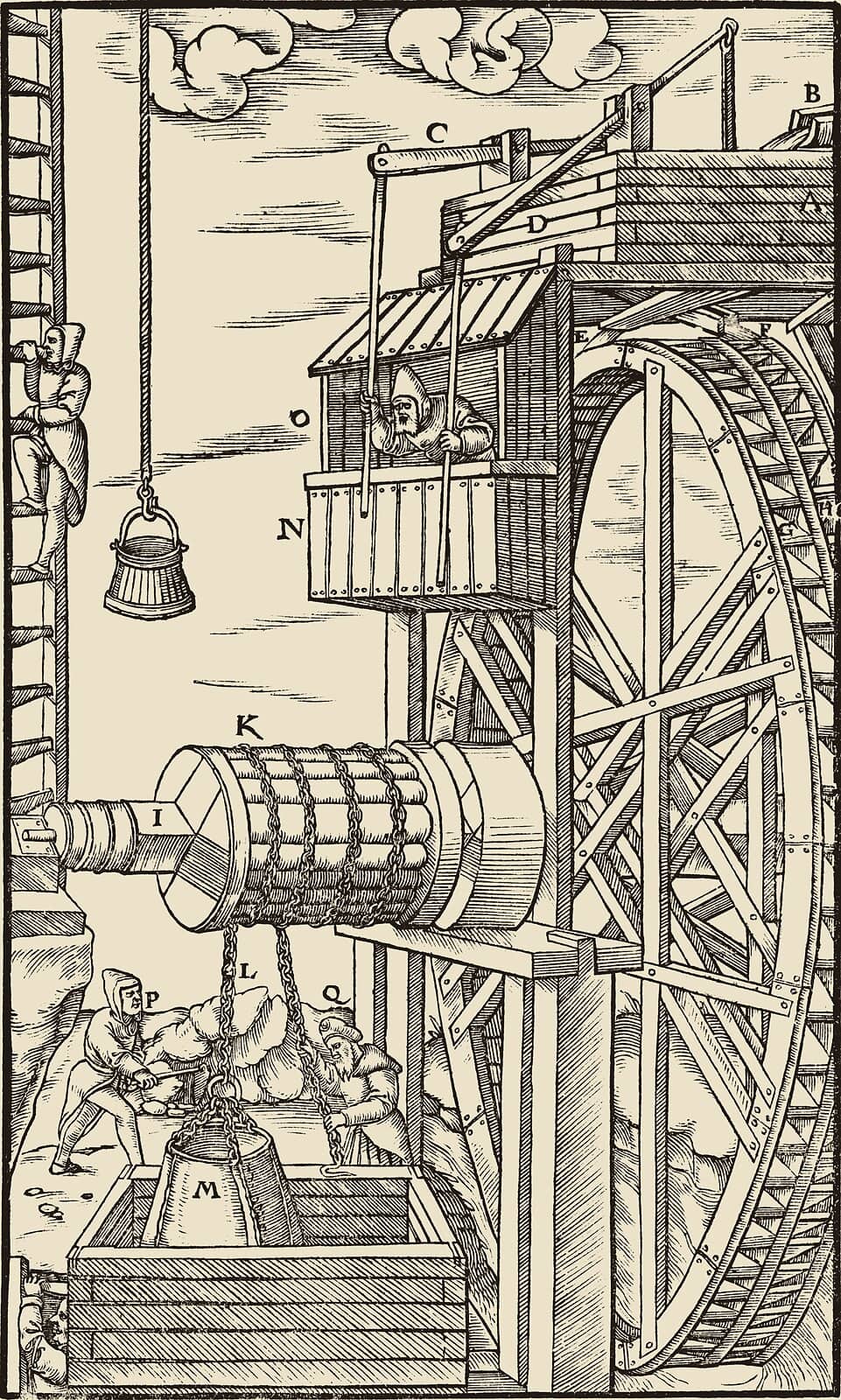 Woodcut from Agricola's De re metallica: a great water wheel turns a drum that hoists water and ore from the mine.