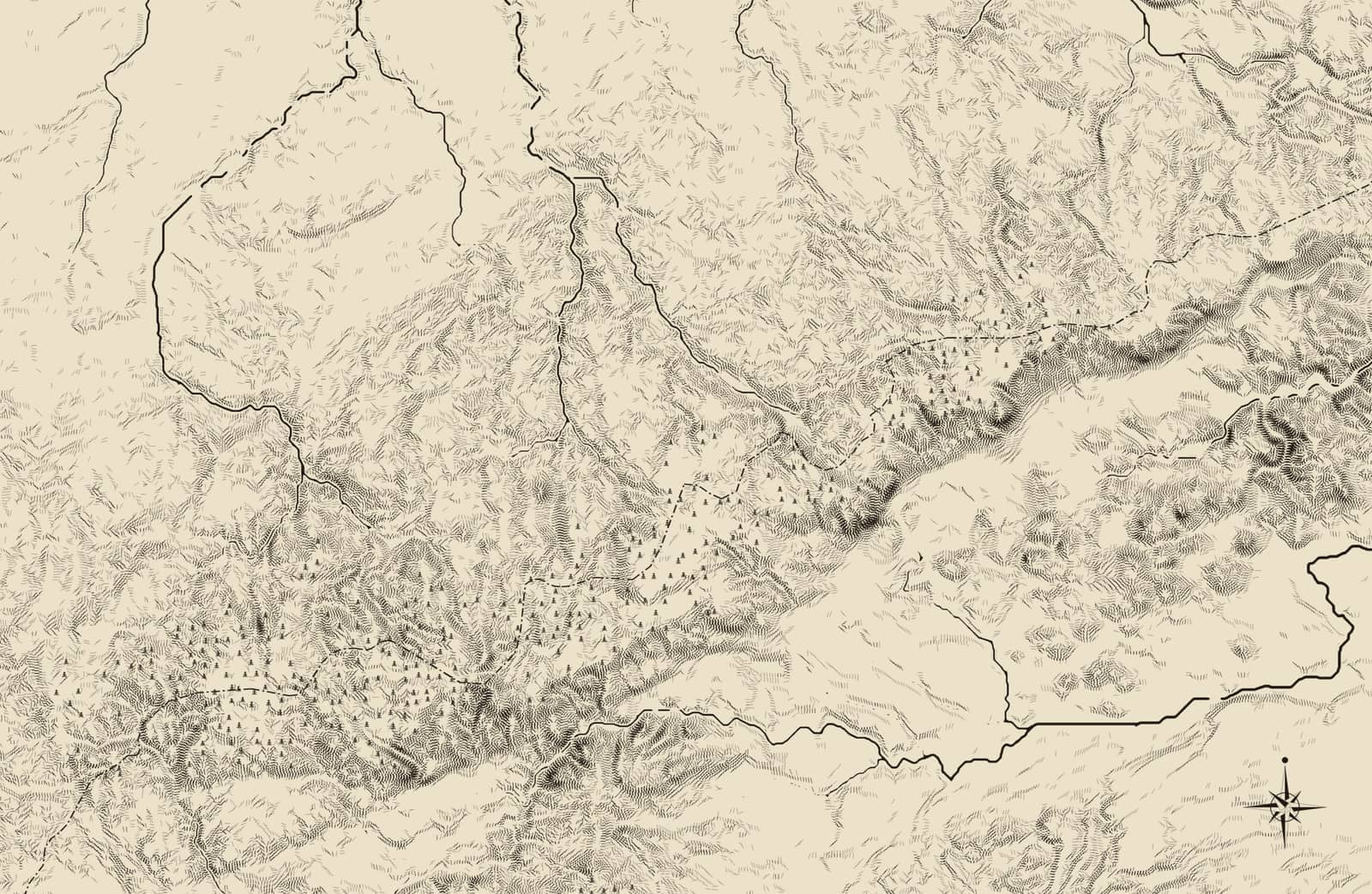 Engraved relief map of the Erzgebirge: the steep southern escarpment toward Bohemia, the gentle northern slope toward Saxony, rivers and the border along the crest.