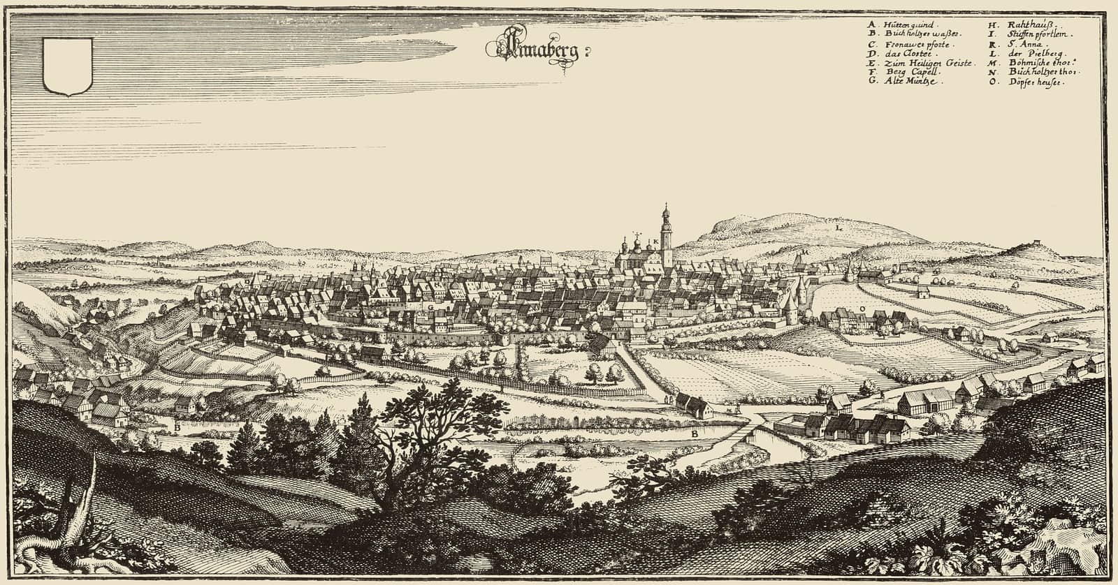 Matthäus Merian's 1650 engraving of Annaberg: the walled town and its great church seen across fields from a wooded hill.