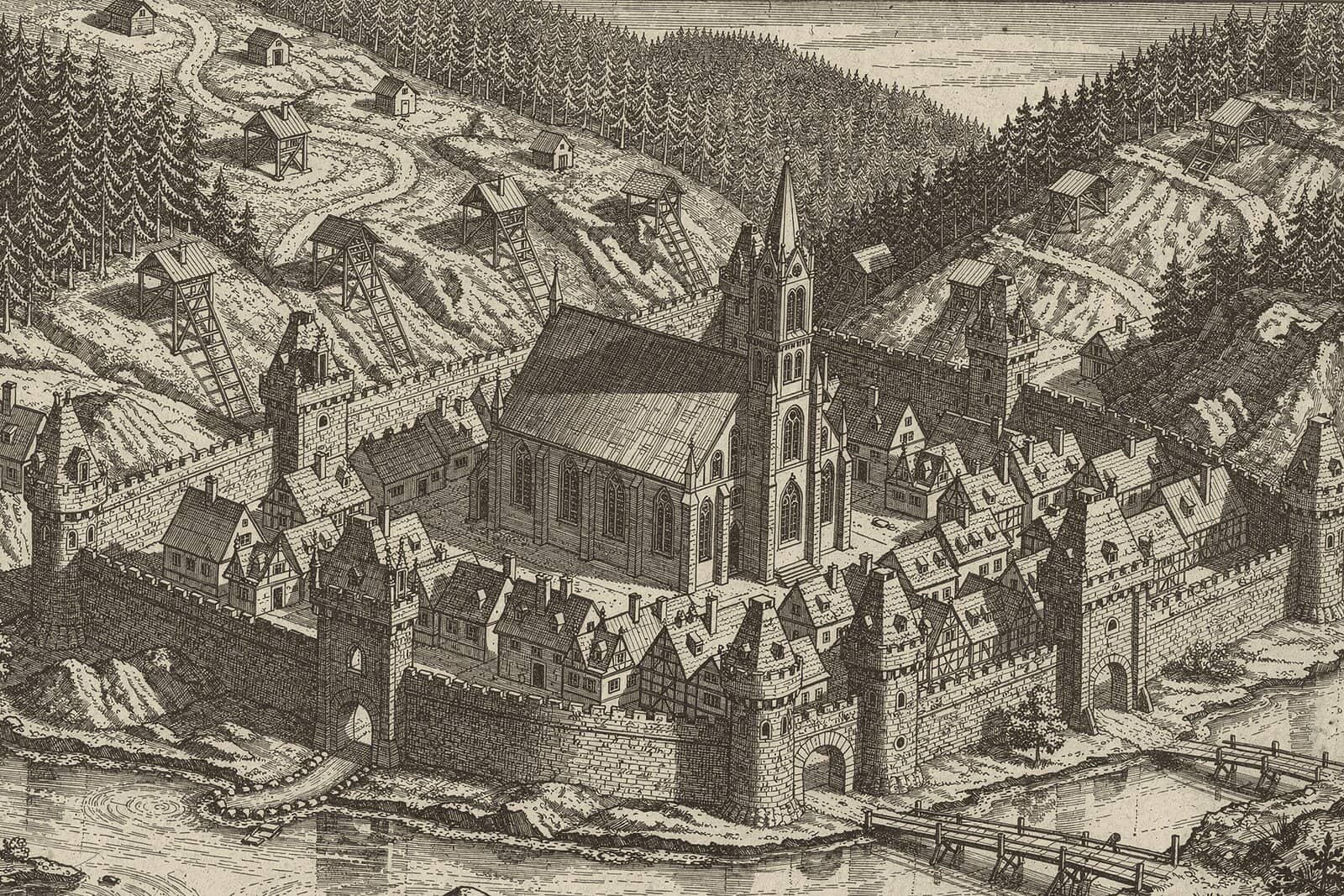 Engraving of a walled mining town in a valley, a large Gothic church at its center, shaft houses and spoil heaps on the slopes above.