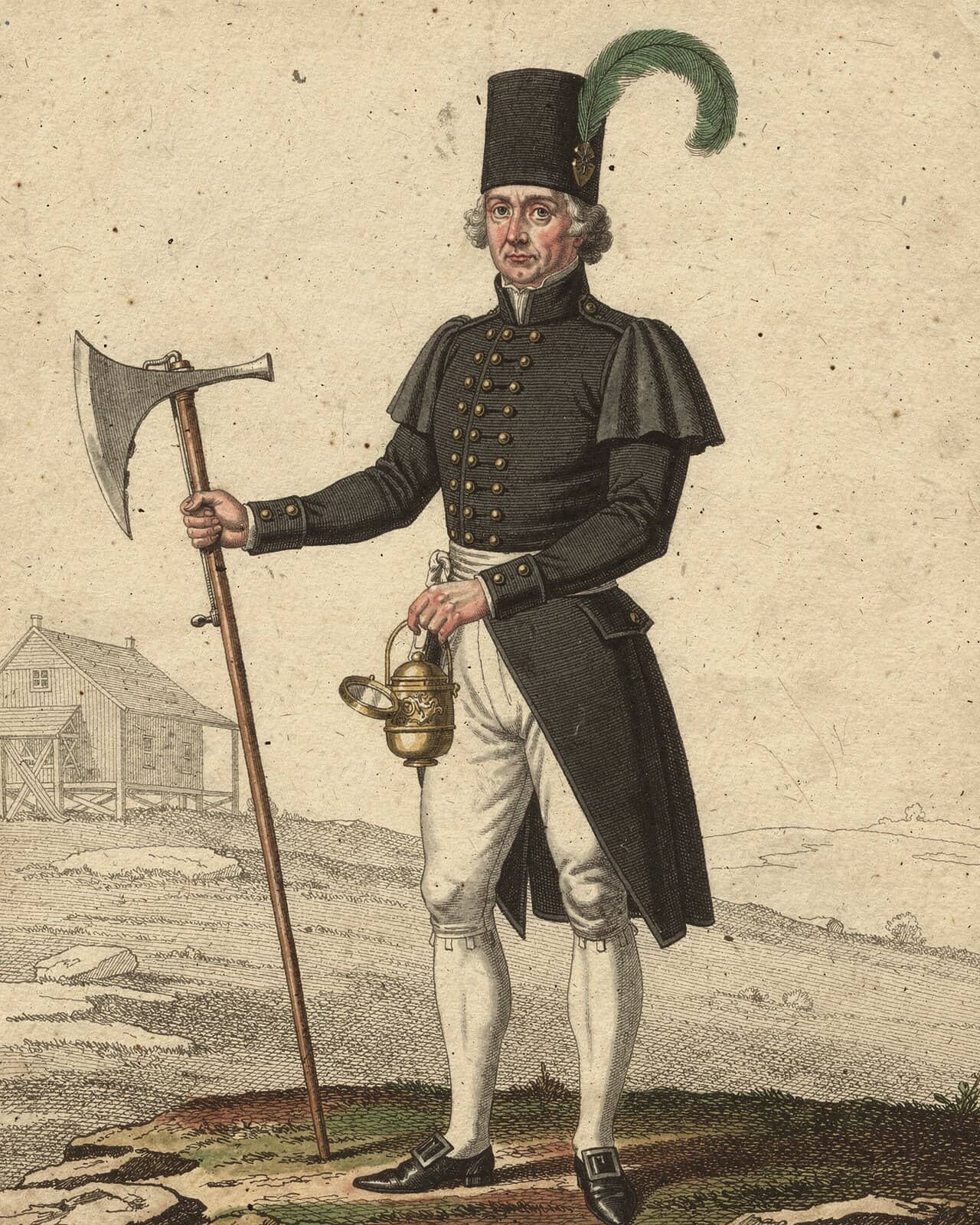 Hand-colored costume plate of a Saxon miner in parade dress: black jacket with shoulder cape, tall plumed hat, white breeches, ceremonial axe and brass lamp.