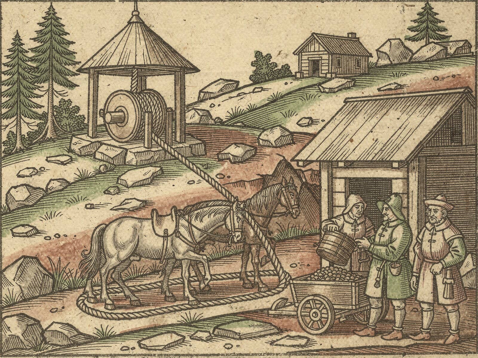 Hand-colored woodcut: horses drive a winding drum beside a timber shaft house while miners empty a bucket of ore into a cart.