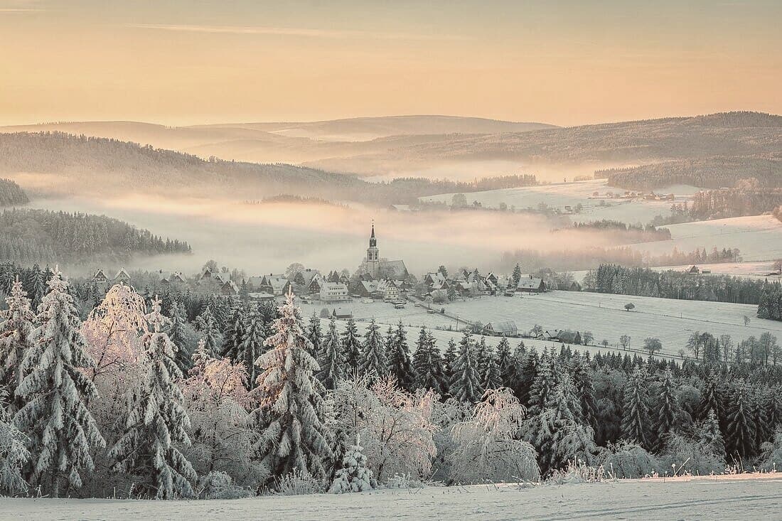 Frosted spruce in the foreground and a church village half hidden in morning mist.
