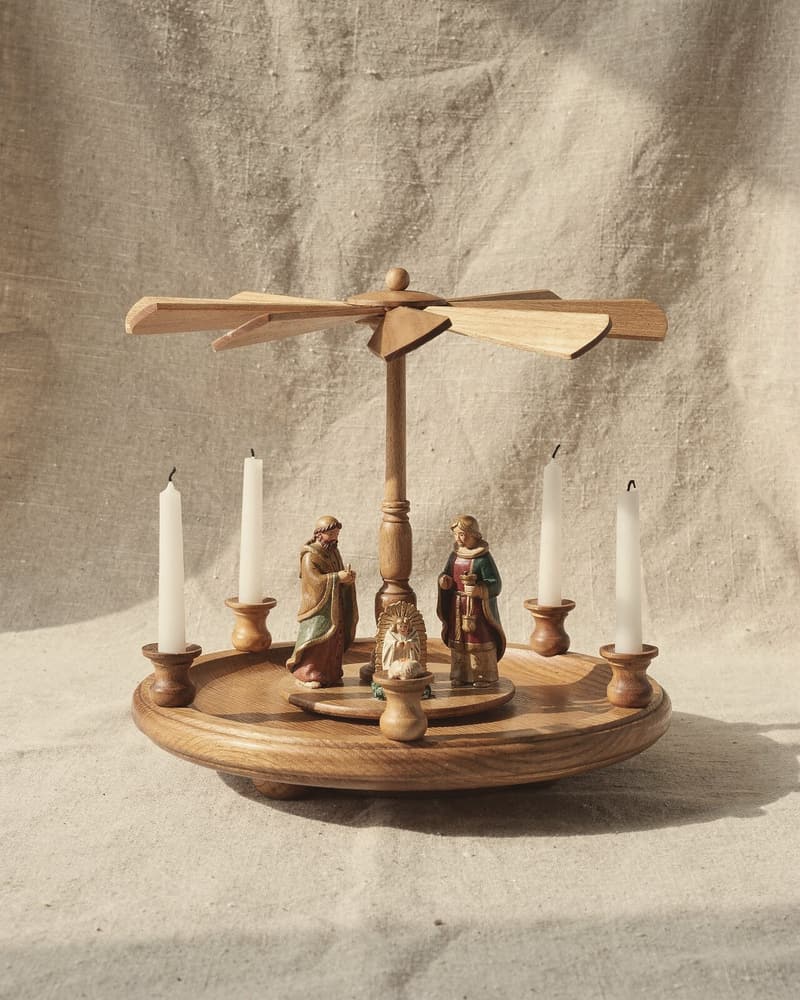 A one-tier Christmas pyramid: a nativity on a turned platter, four white candles, a wooden vane wheel on top.