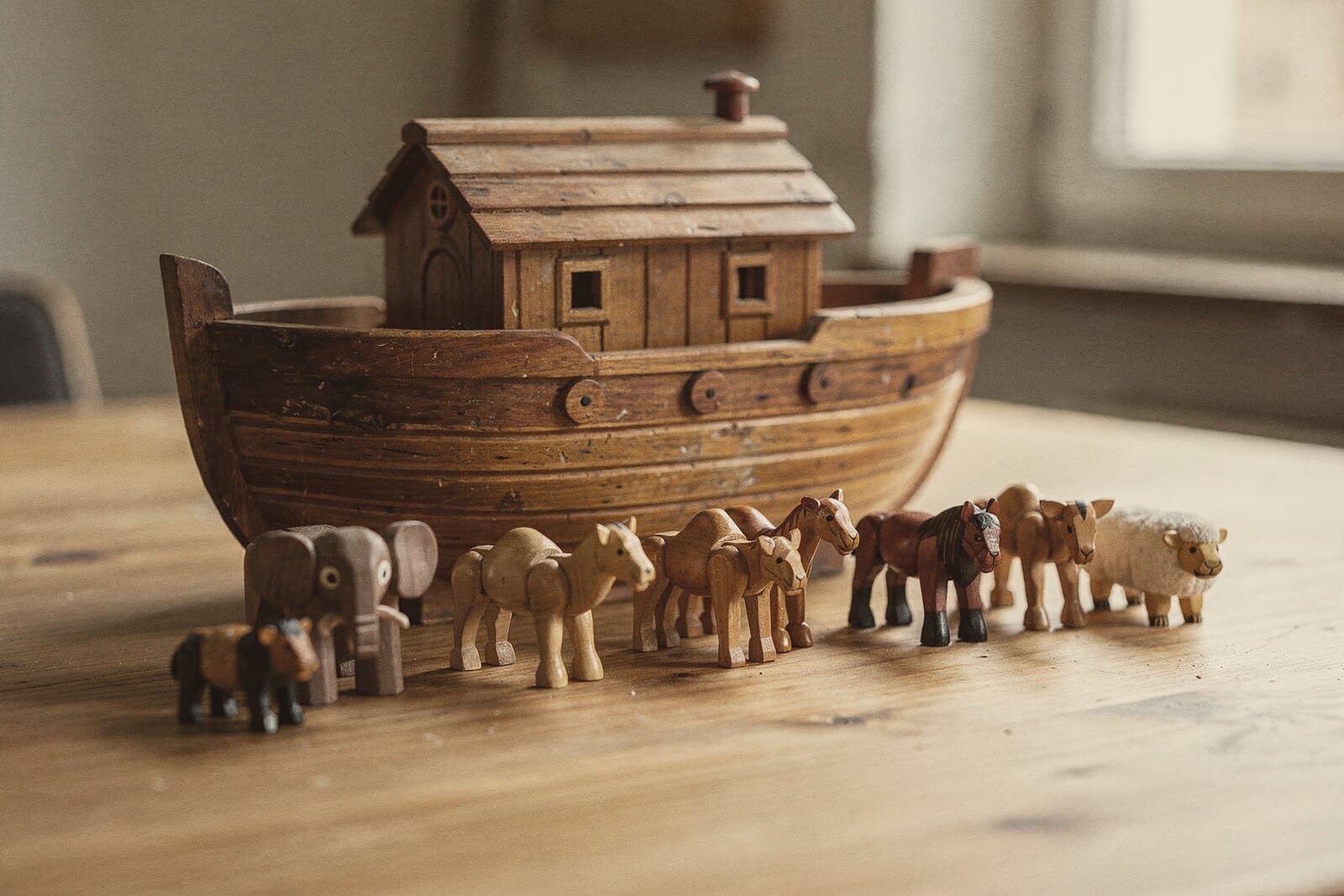 Eine hölzerne Arche Noah, davor paarweise kleine Tiere: Elefanten, Kamele, Pferde und Schafe.