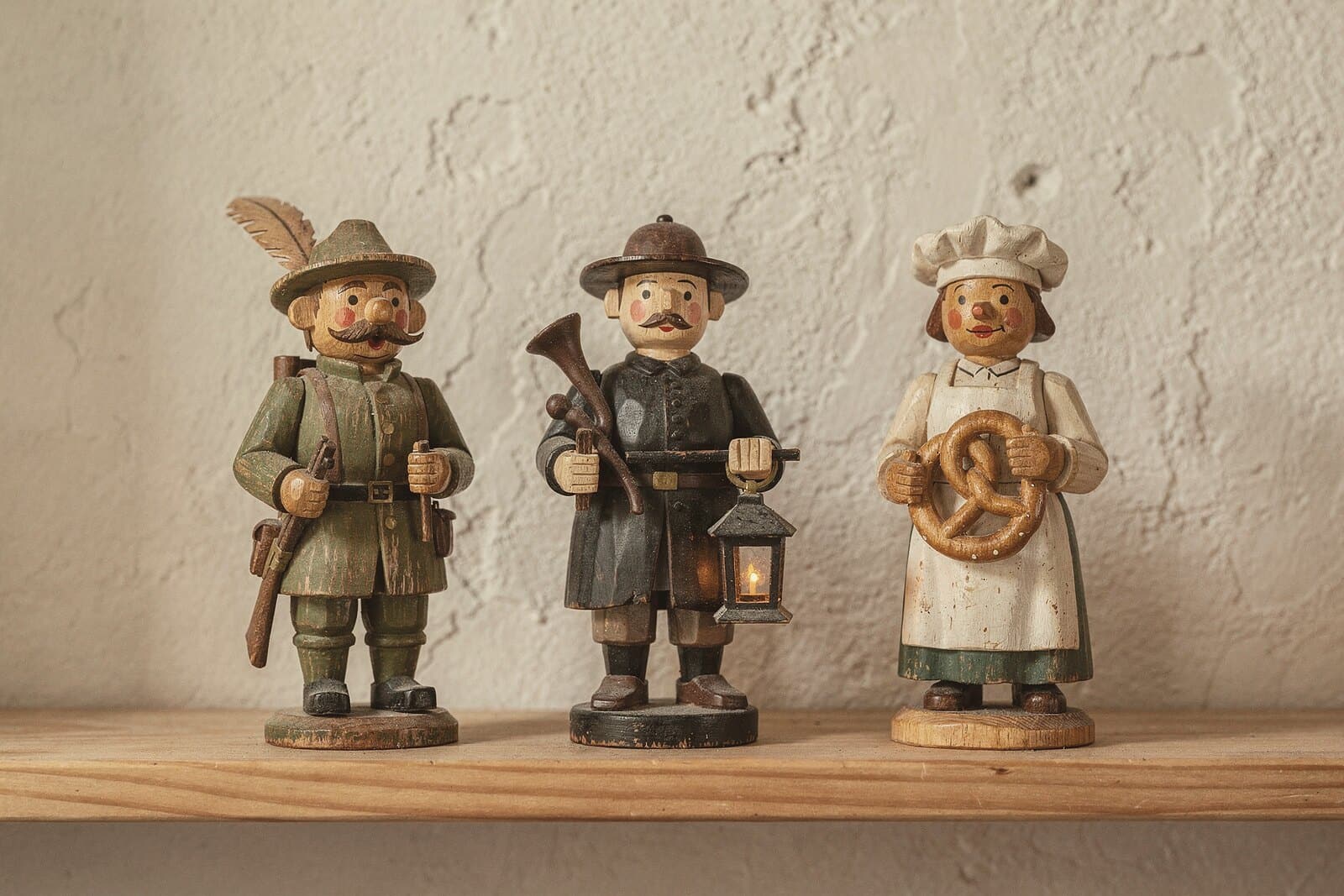 Three smokers as tradesmen: a forester with feathered hat and rifle, a night watchman with horn and lantern, a baker with a pretzel.