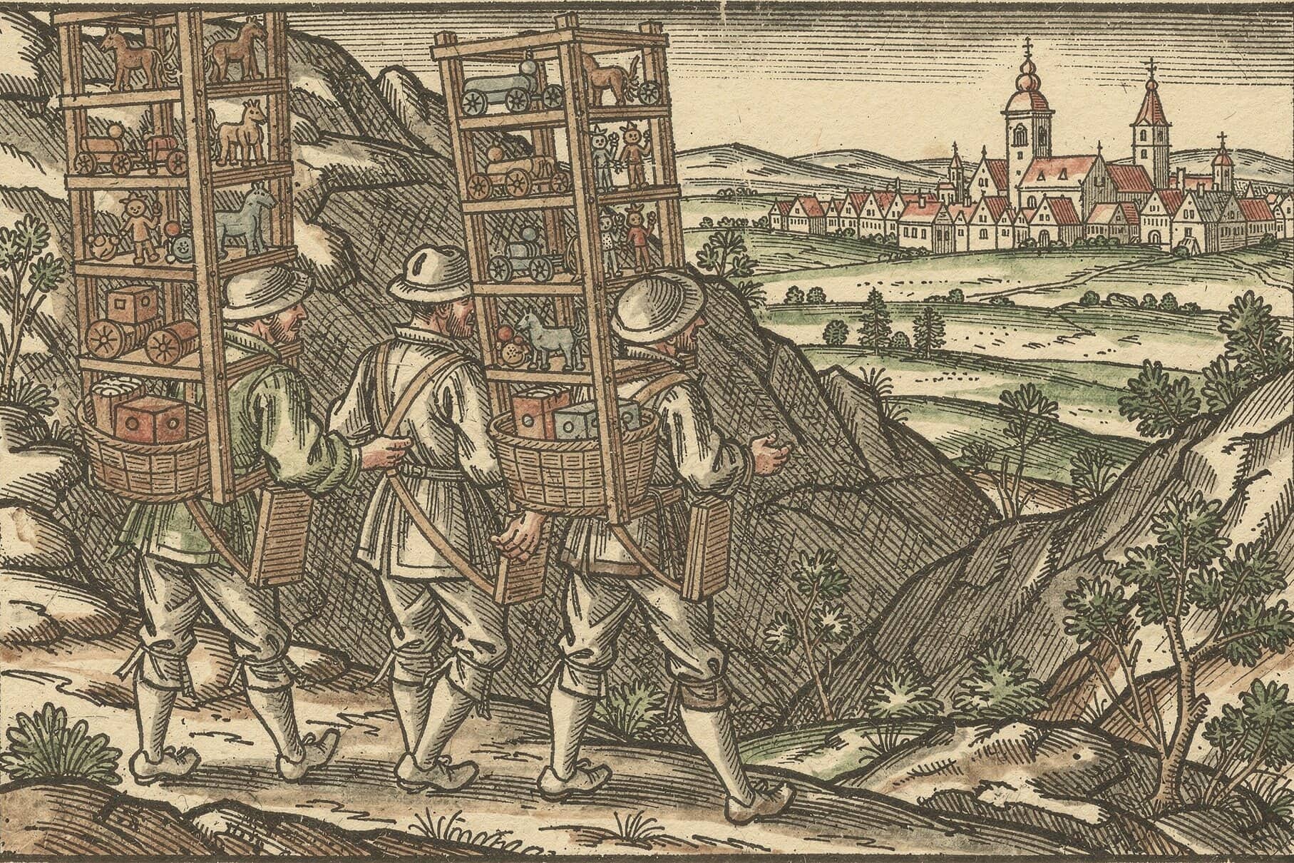 Hand-colored woodcut: peddlers with tall baskets of toys on their backs walk down a mountain path toward a distant town.