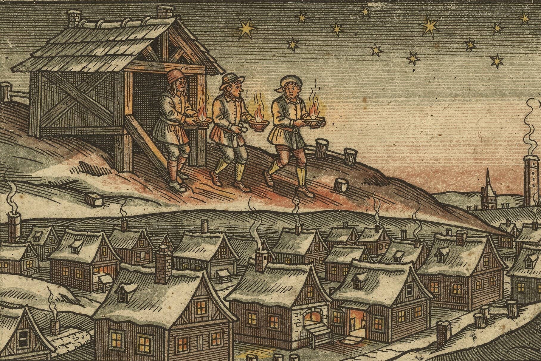 Hand-colored woodcut: miners with lamps climb out of a shaft house at dusk above a snowy village of lit windows, stars overhead.