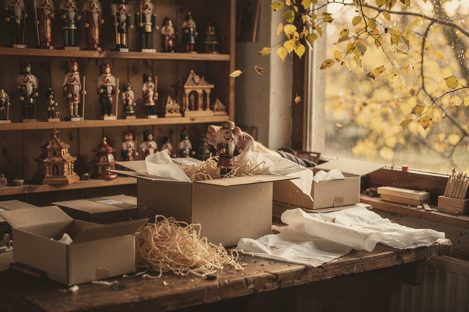Autumn: shelves full of finished pieces, and boxes being packed with tissue and wood wool; yellow birch leaves outside.