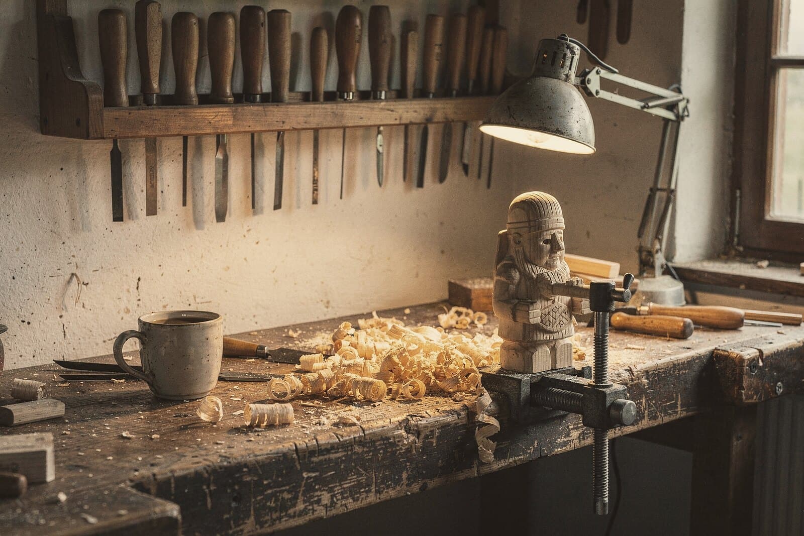 A woodturner's bench: chisels hung in order on the wall, a desk lamp, a half-finished figure in a vise, a mug, shavings.
