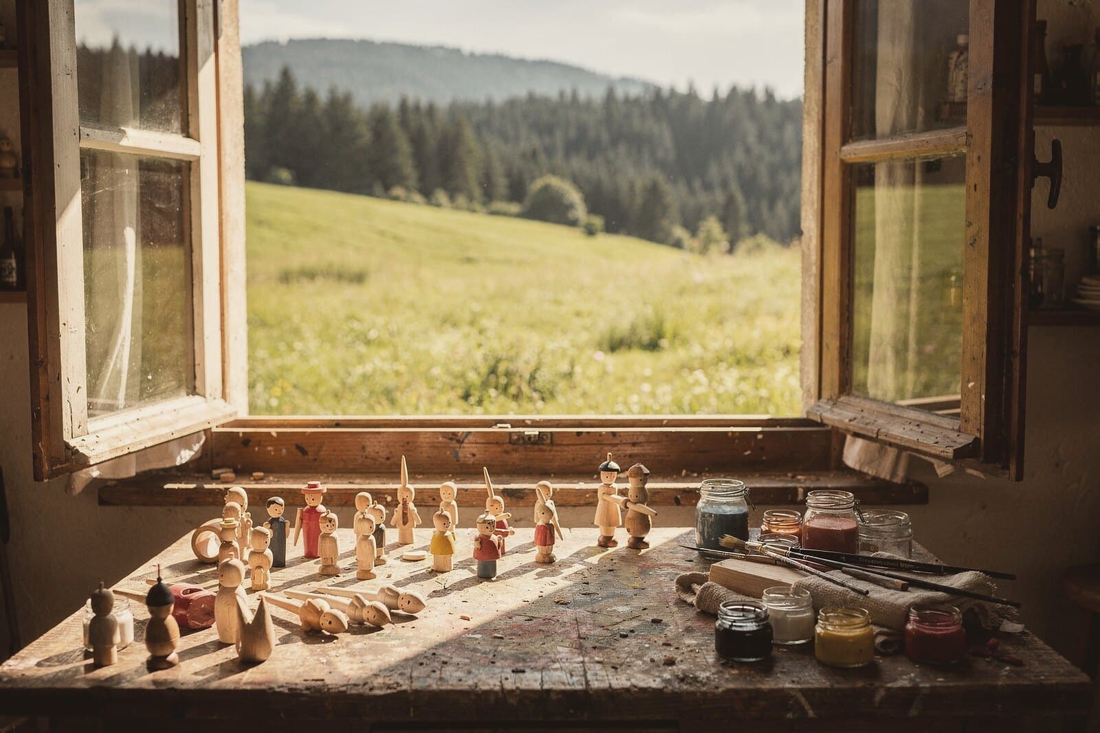 Summer: an open workshop window onto meadows and spruce forest, painted figures and paint pots on the table.