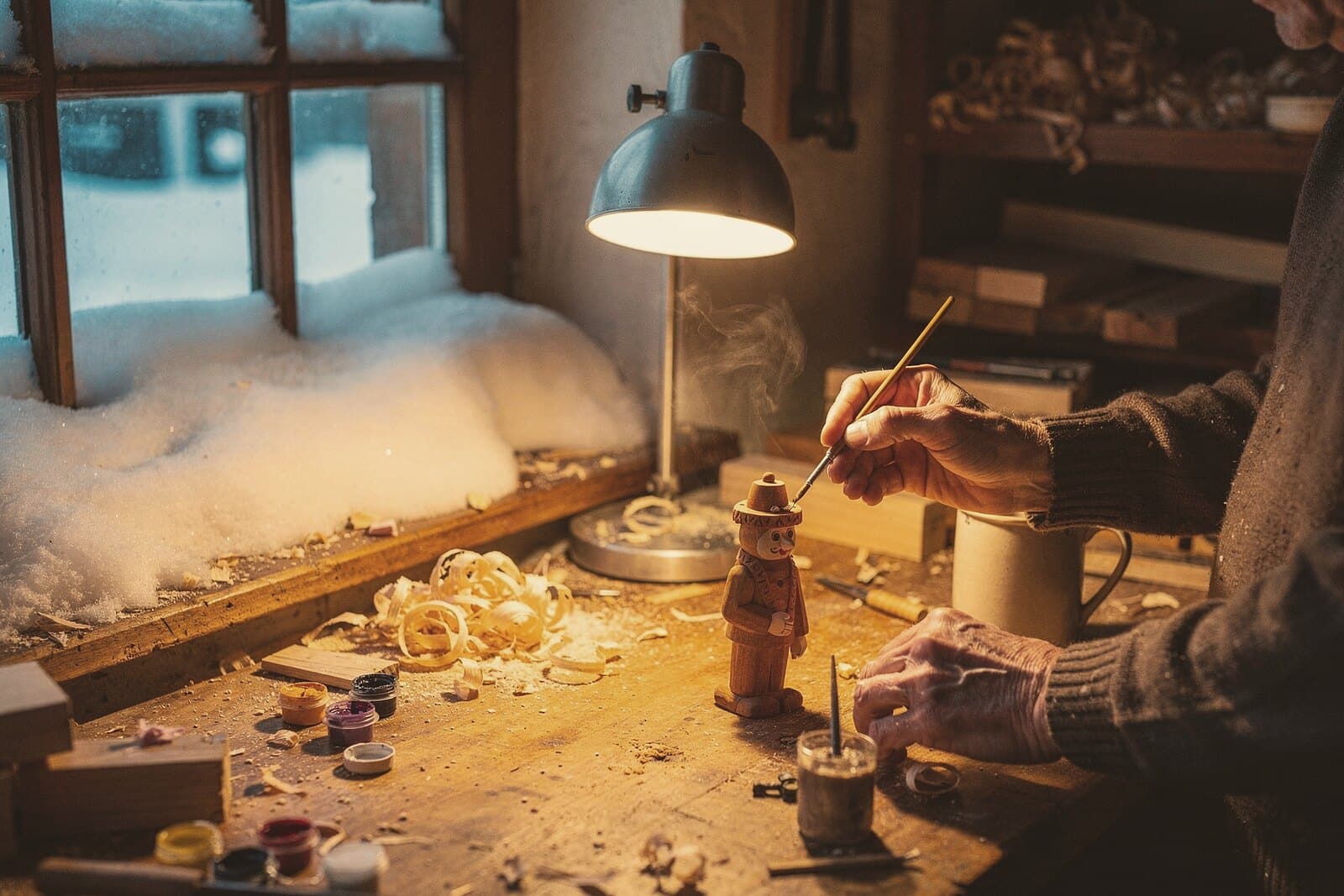 Winter: snow on the sill, the lamp lit early, a hand painting a small figure at the bench.